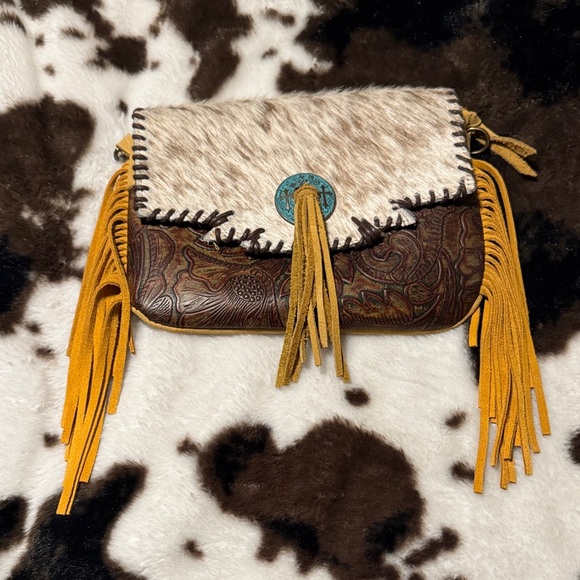 Boho Western Brown & Tan Women's Cowhide Tooled Leather Bag with Fringe - Picture 5 of 6